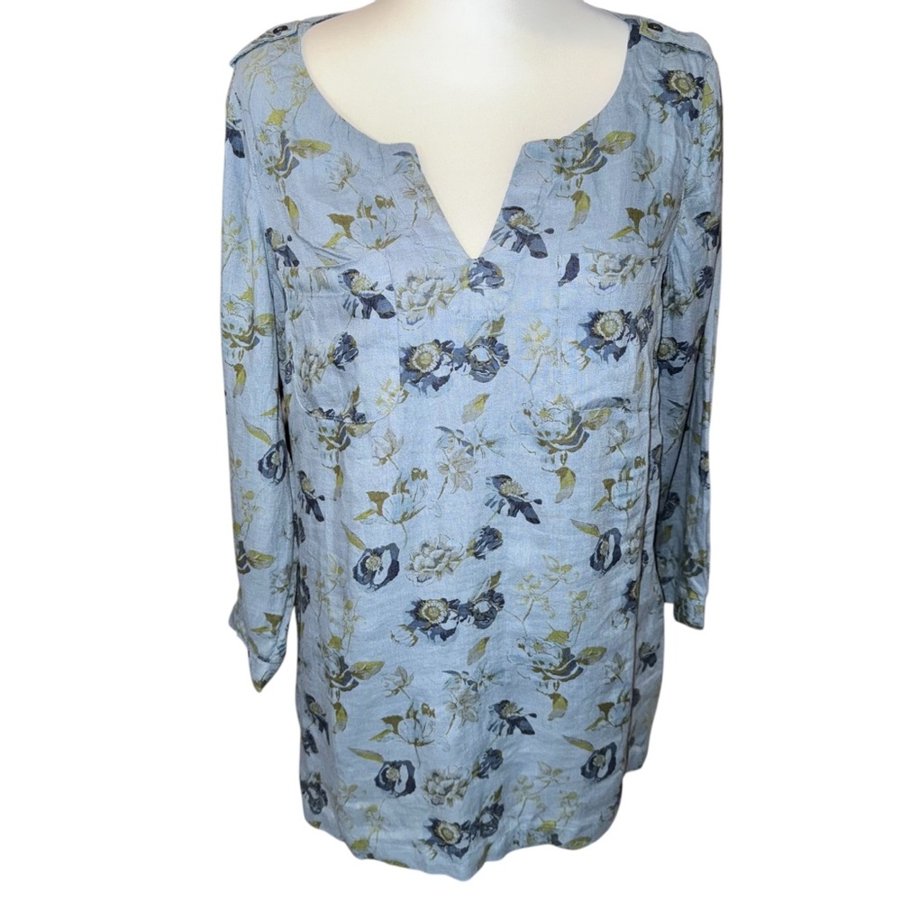 Land's End Women's sz 10 Blue Floral Bird V-Neck Linen Blouse